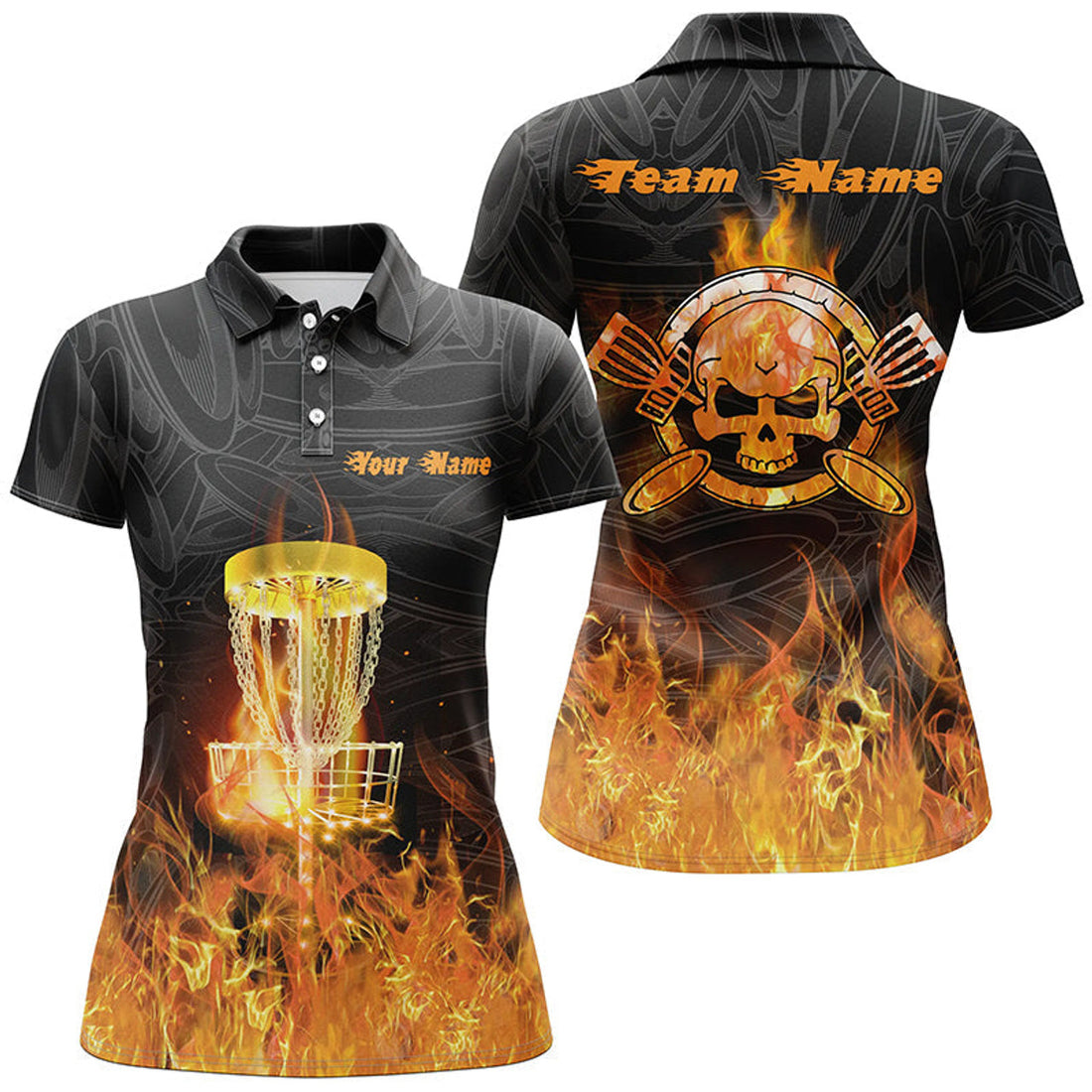 Custom Fire Flame Disc Golf Polo Shirt Custom Orange Skull Disc Golf Shirts For Women Golf Gifts
