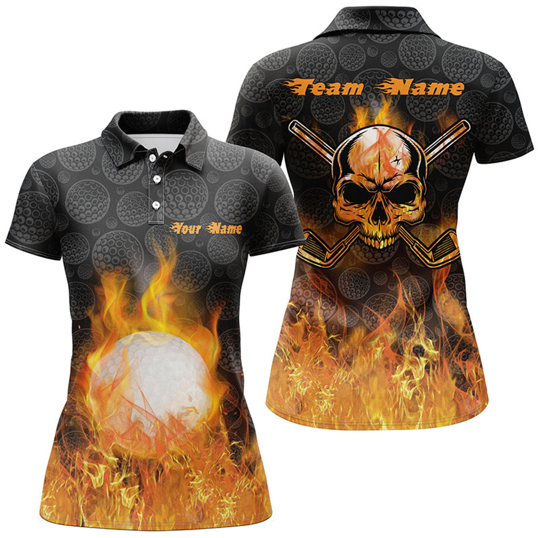 Custom Fire Flame Golf Ball Polo Shirts Custom Orange Skull Golf Shirts For Women Best Golf Gifts