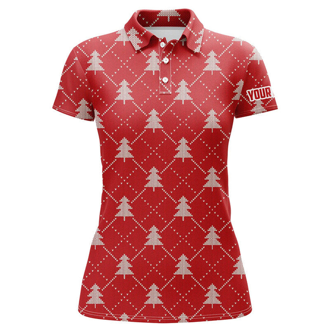 Custom Christmas Trees Red Knitted Womens Golf Polo Shirts Argyle Golf Shirts For Women Golfer Gifts