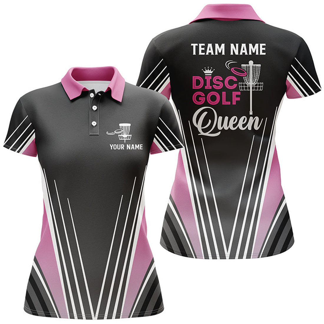 Custom Disc Golf Queen Black Pink Polo Shirts Customized Cool Disc Golf Shirts For Women Golf Gifts