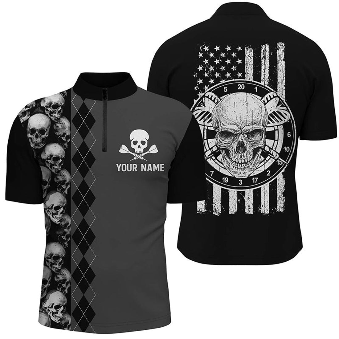 Custom Black Grey Argyle Skull Darts Quarter-Zip Shirt American Flag Patriotic Dart Jersey For Men, Skull Zipper Polo Shirt
