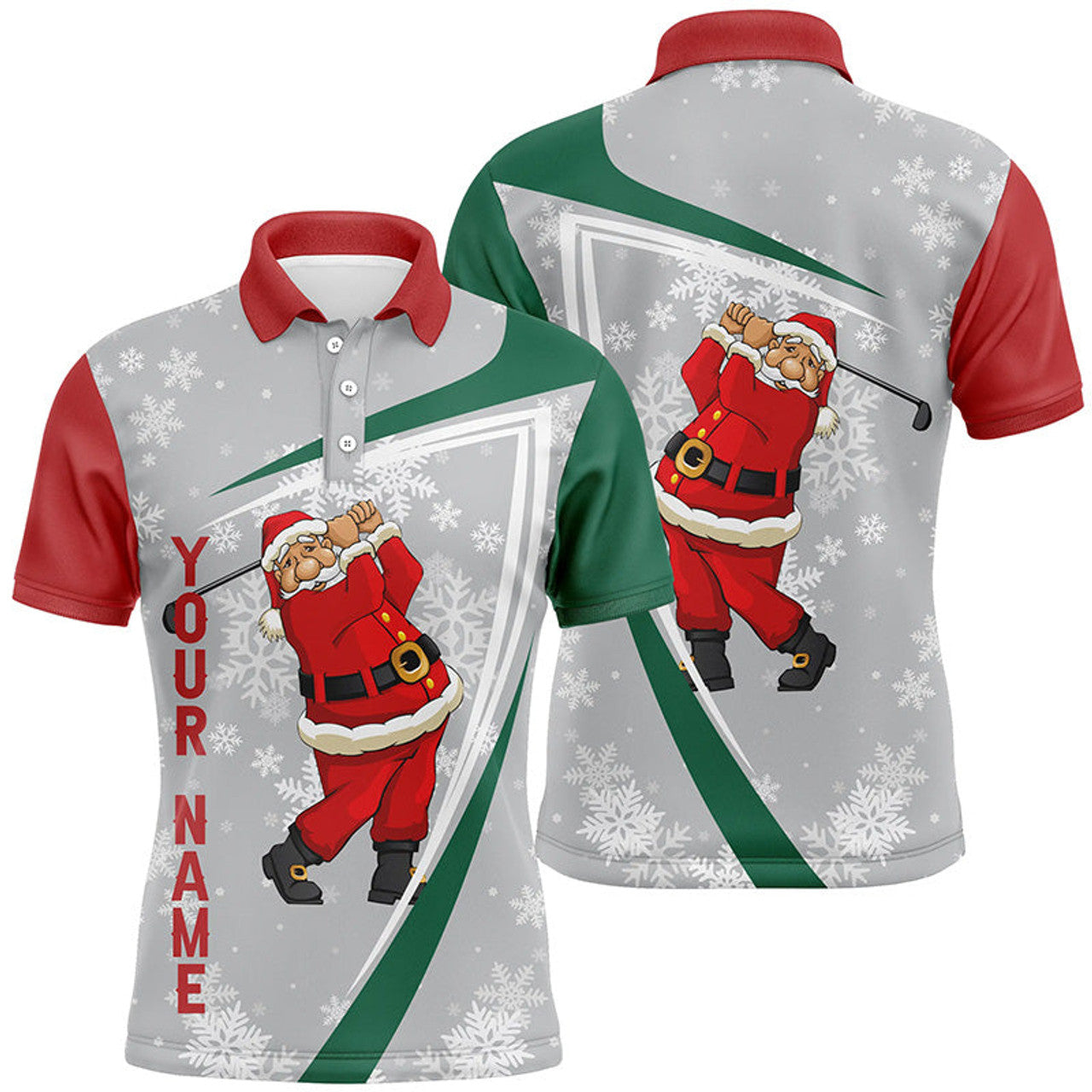 FUNSTUFFPRINT Santa Playing Golf Christmas Custom Mens Golf Polo Shirt Snowflakes Grey Funny Golf Shirts For Men Polo Shirt Size S-5XL