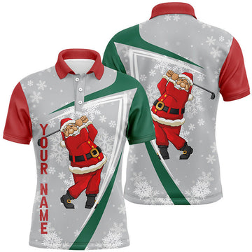 FUNSTUFFPRINT Santa Playing Golf Christmas Custom Mens Golf Polo Shirt Snowflakes Grey Funny Golf Shirts For Men Polo Shirt Size S-5XL