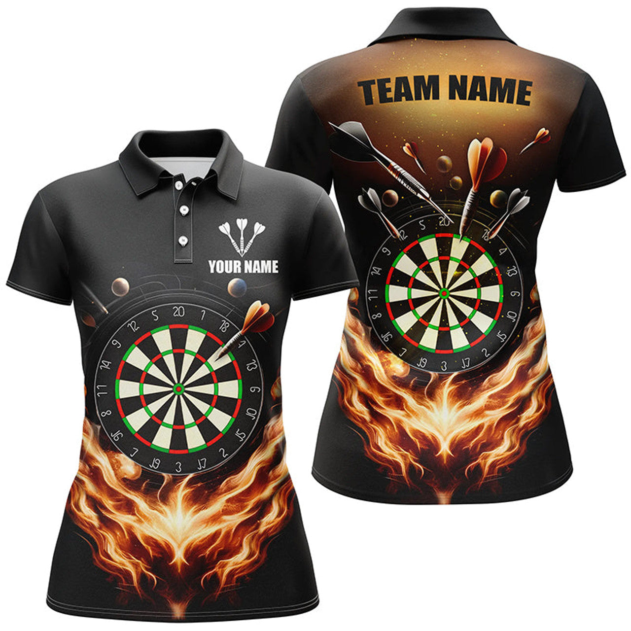 Custom Black Orange Fire Flame Womens Darts Polo Shirt Custom Darts Shirt For Women Dart Jerseys