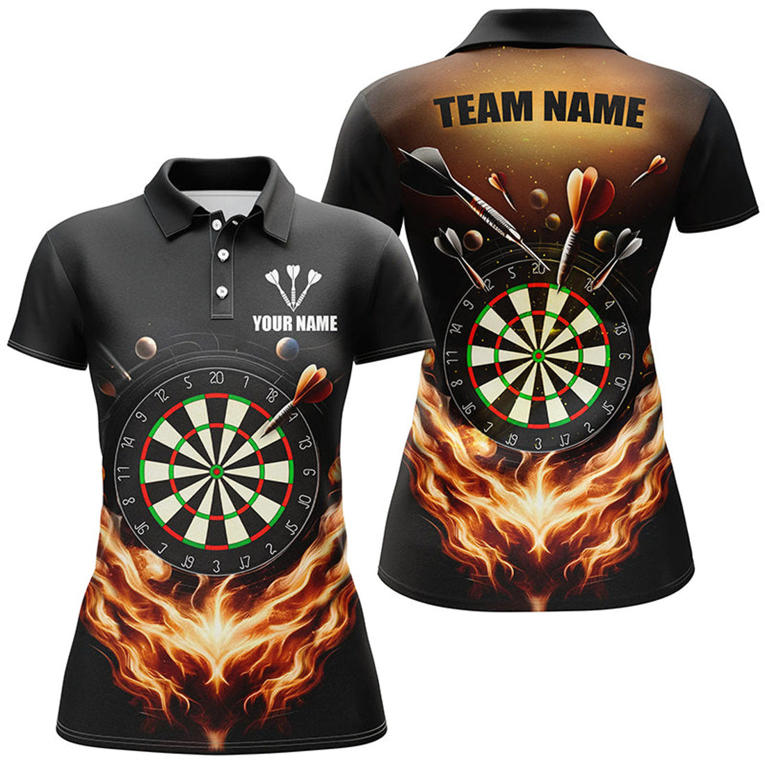 Custom Black Orange Fire Flame Womens Darts Polo Shirt Custom Darts Shirt For Women Dart Jerseys