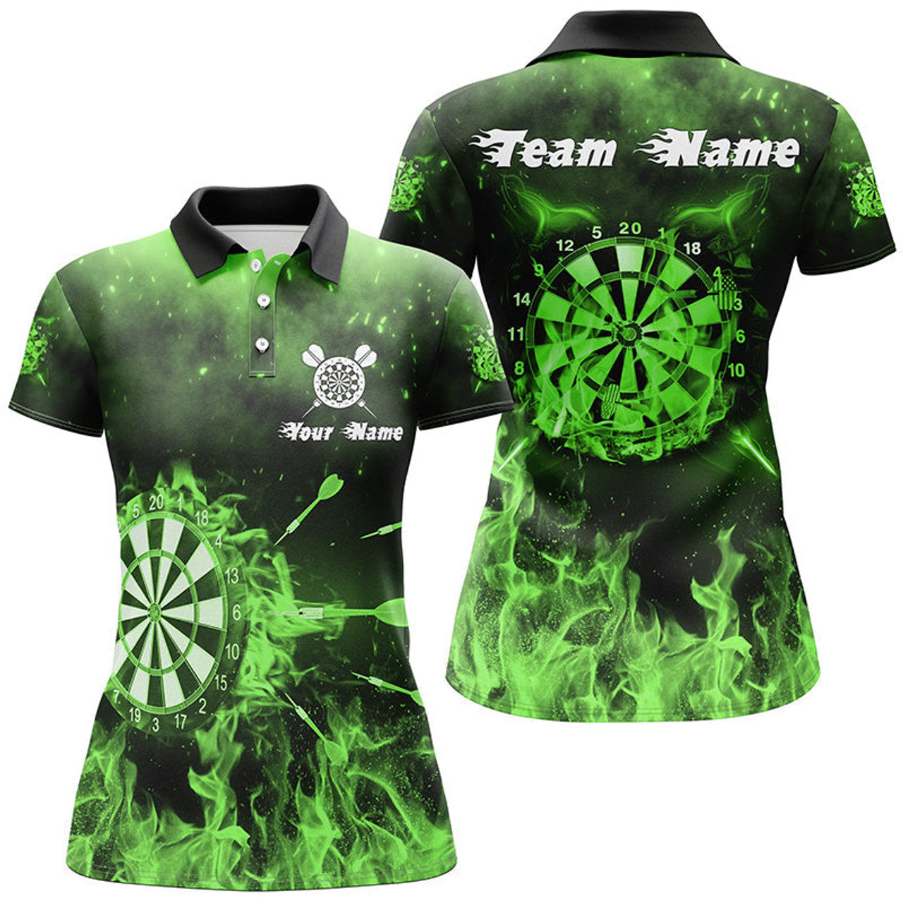Custom Green Fire Flame Womens Darts Polo Shirts Custom Darts Shirt For Women Dart Jerseys