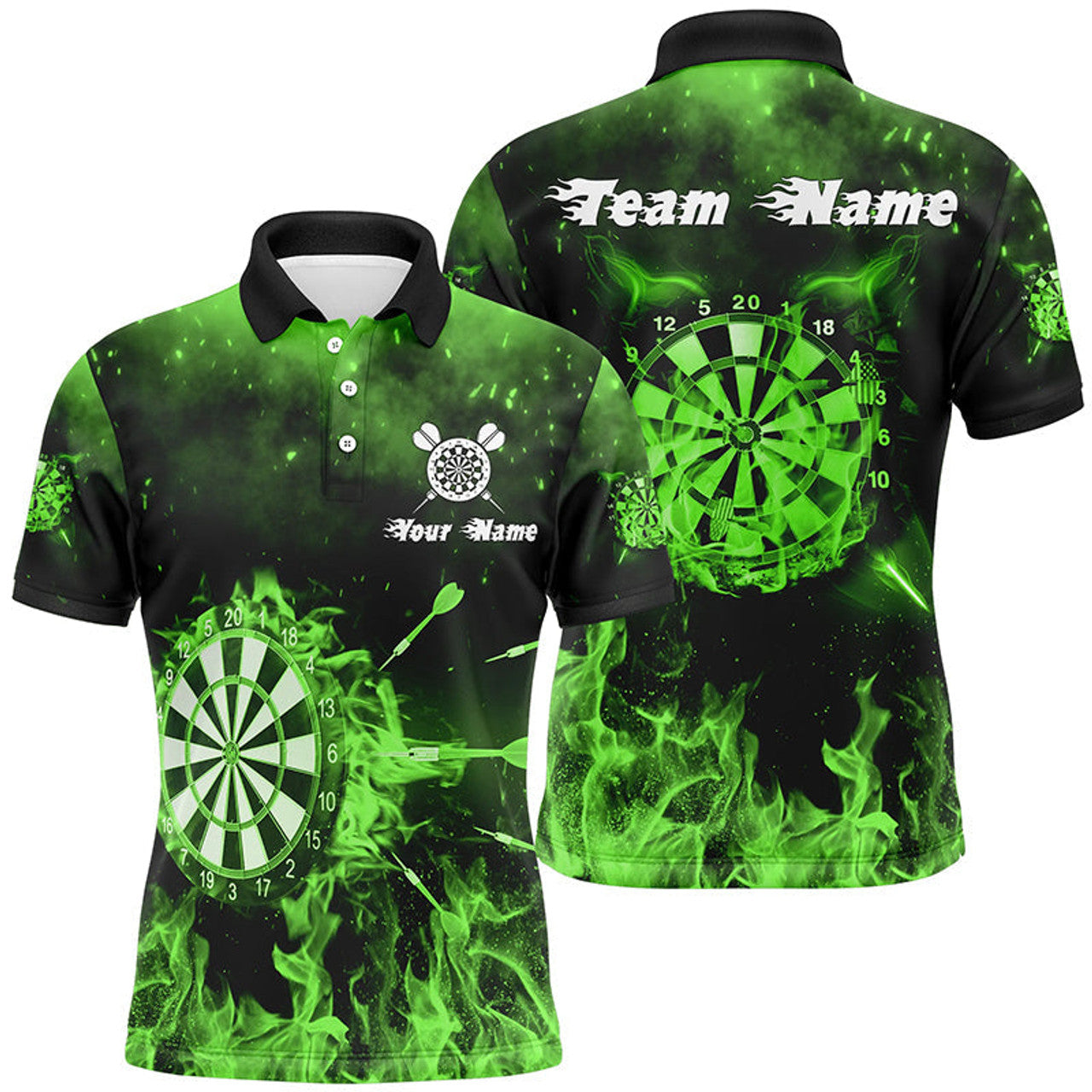 Custom Green Fire Flame Personalized Mens Darts Polo Shirt Custom Darts Shirt For Men Dart Jersey