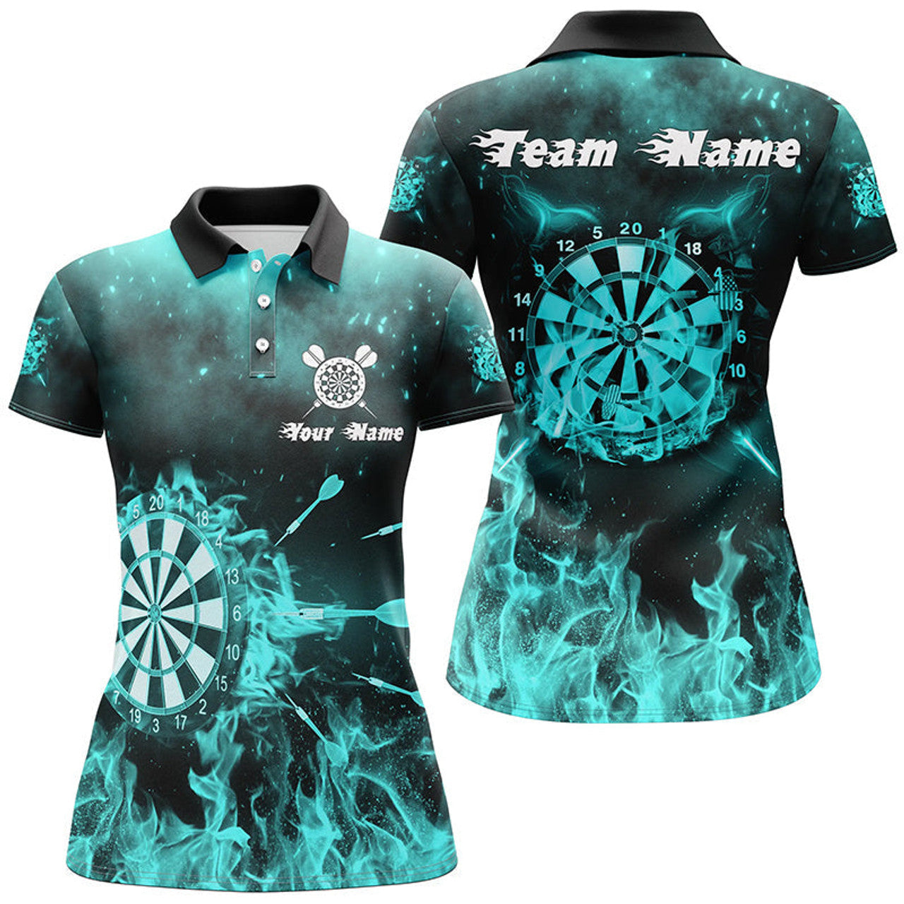 Custom Turquoise Fire Flame Womens Darts Polo Shirts Custom Darts Shirt For Women Dart Jerseys
