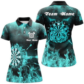 Custom Turquoise Fire Flame Womens Darts Polo Shirts Custom Darts Shirt For Women Dart Jerseys