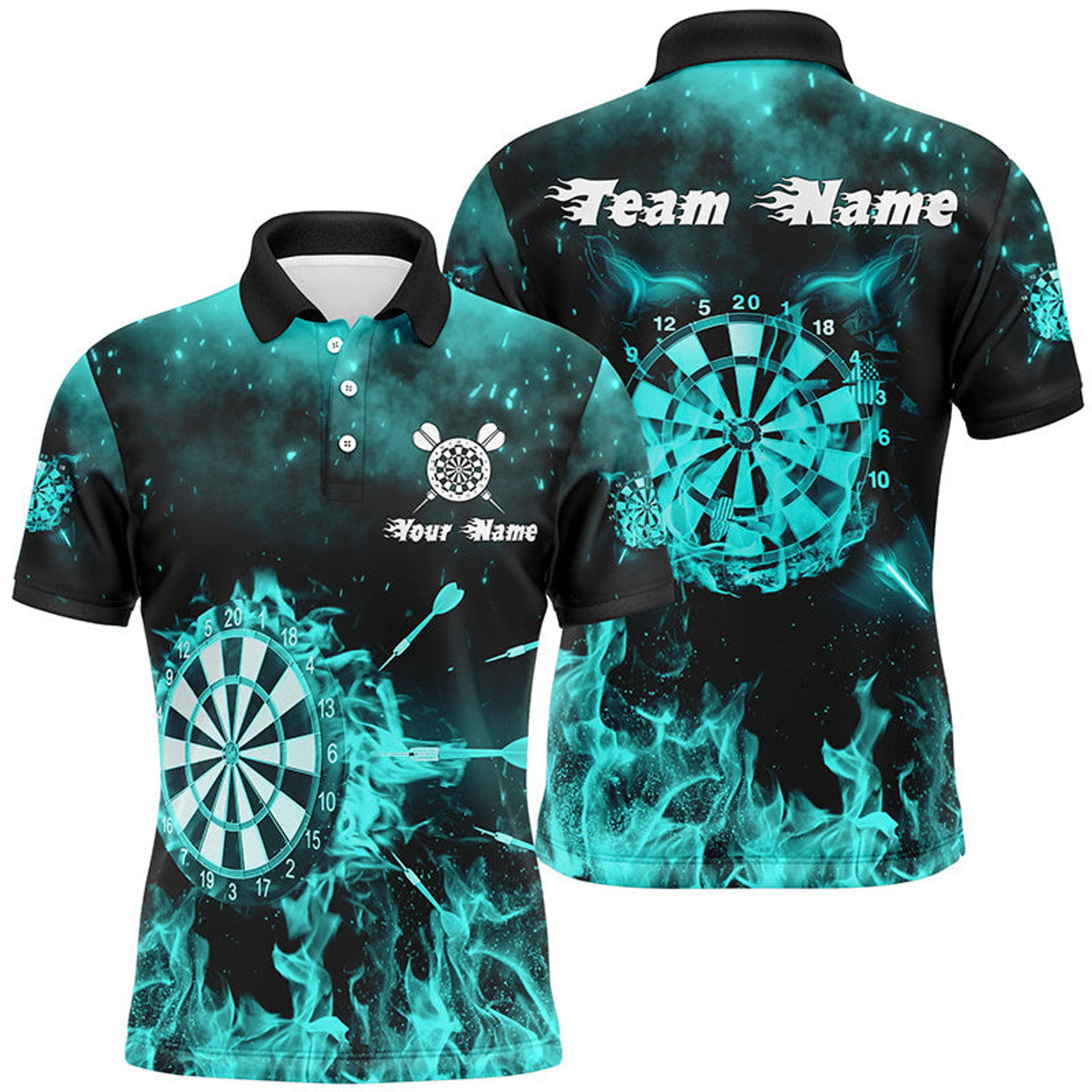 Custom Turquoise Fire Flame Mens Darts Polo Shirts Custom Darts Shirt For Men Dart Jerseys