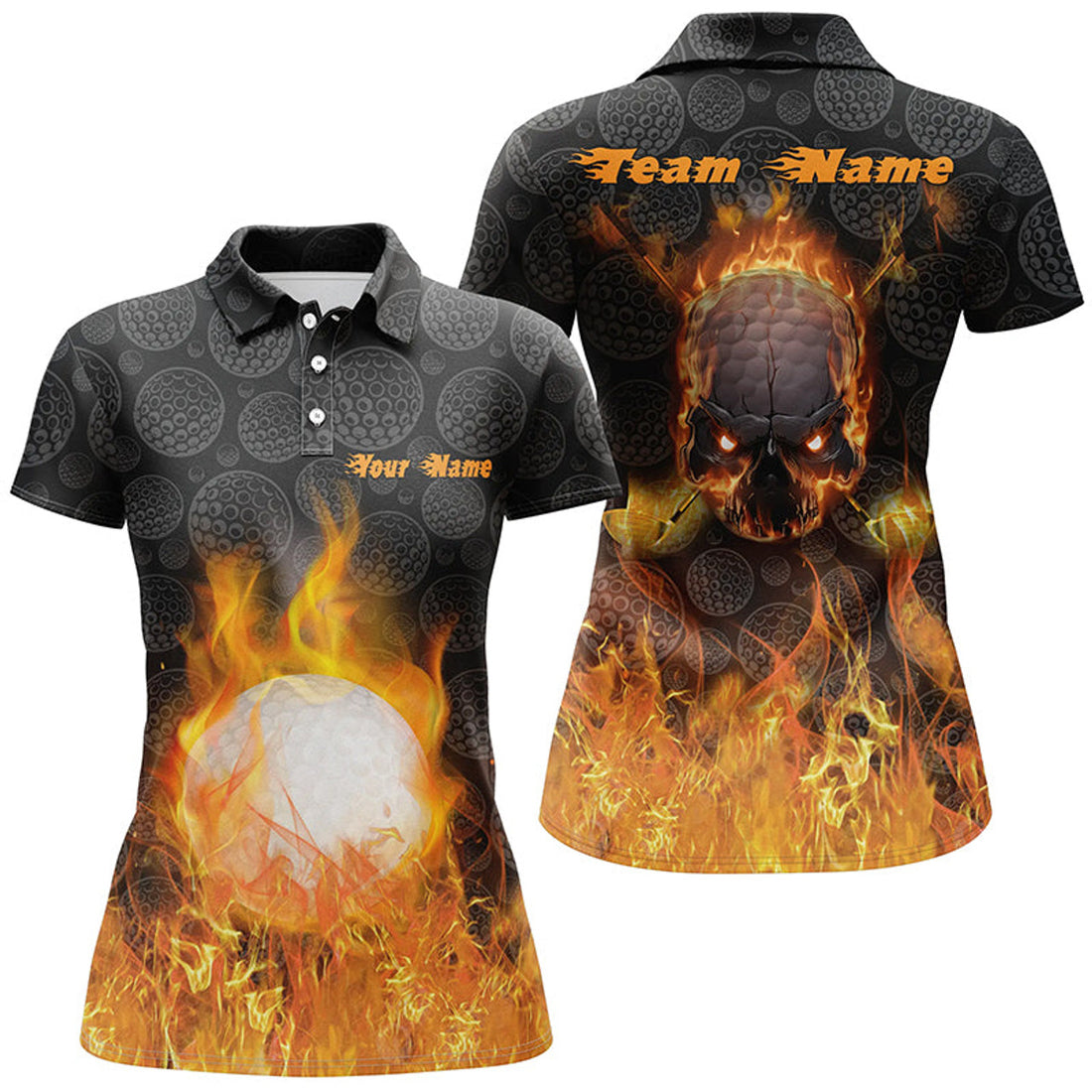 Custom Womens Fire Flame Golf Polo Shirts Custom Orange Skull Golf Shirts For Women Best Golf Gifts