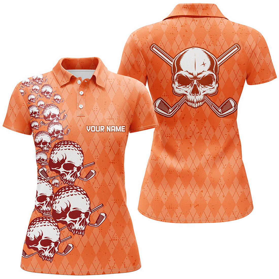Custom Elegant Orange Argyle Pattern Skull Golf Polo Shirts Custom Halloween Golf Gifts For Women