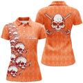 Custom Elegant Orange Argyle Pattern Skull Golf Polo Shirts Custom Halloween Golf Gifts For Women