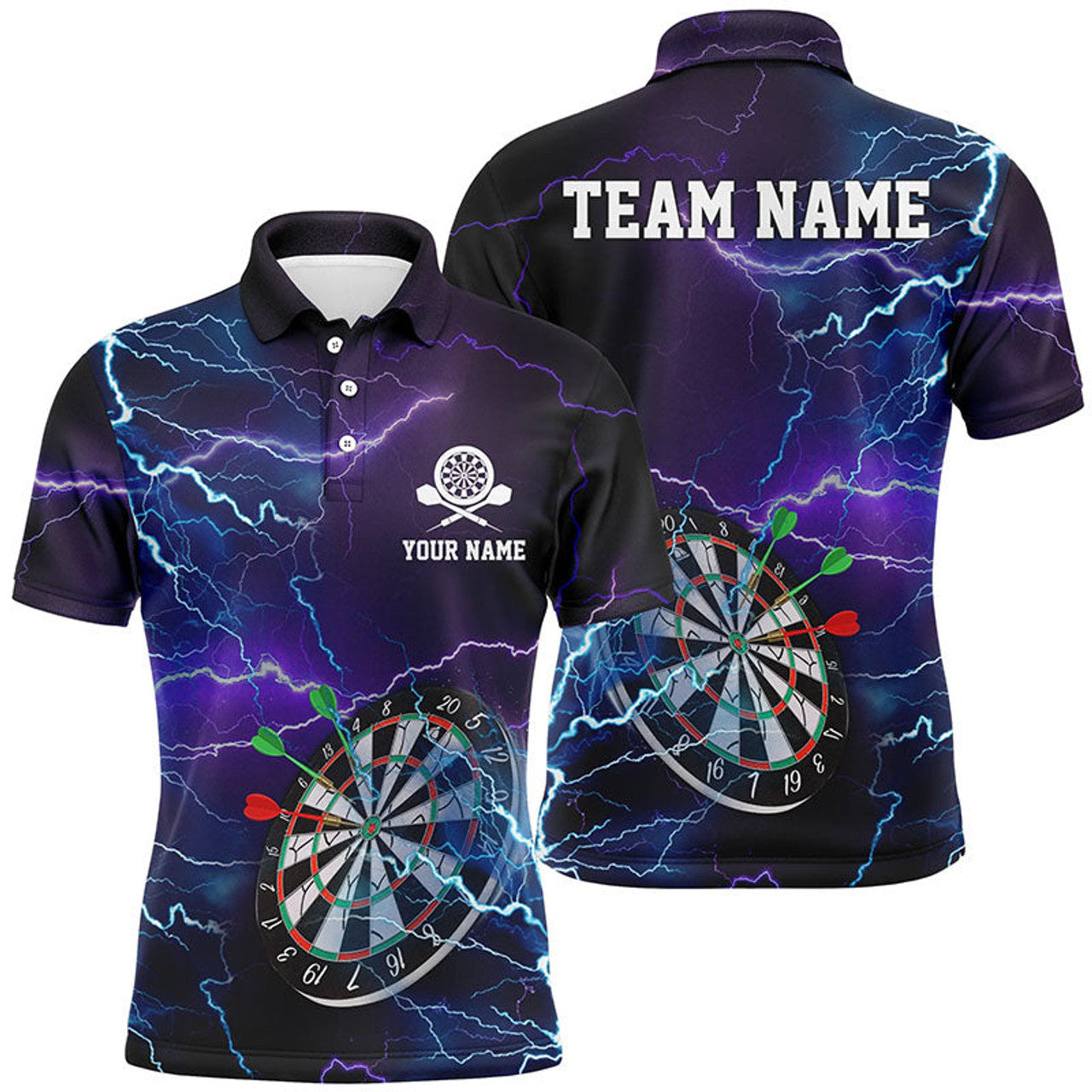 Personalized Thunder Lightning Purple Mens Darts Polo Shirt Custom Dart Jersey For Men