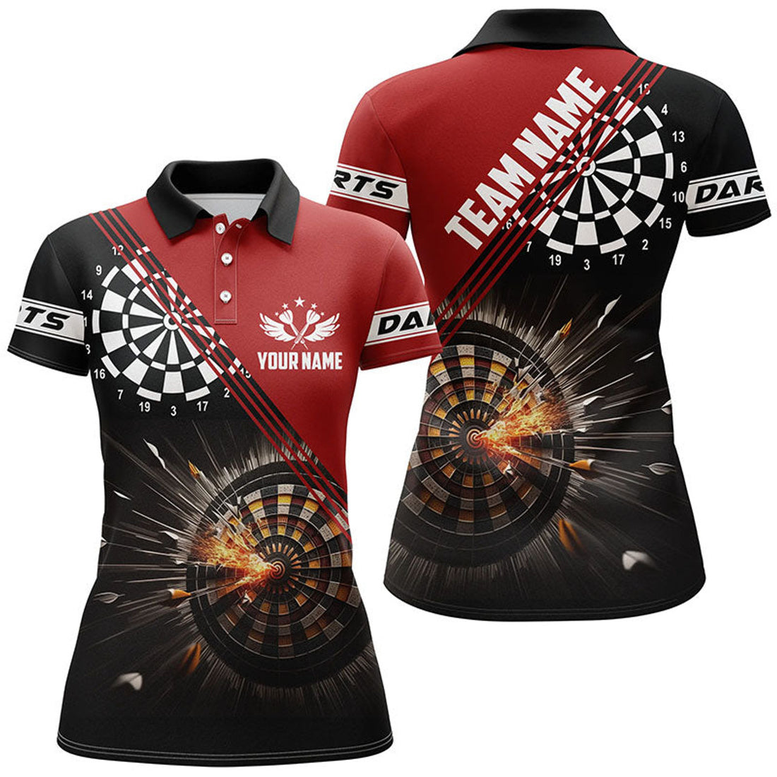 Custom Black Red Darts Fire Personalized Womens Polo Shirt Custom Dart Jerseys For Women
