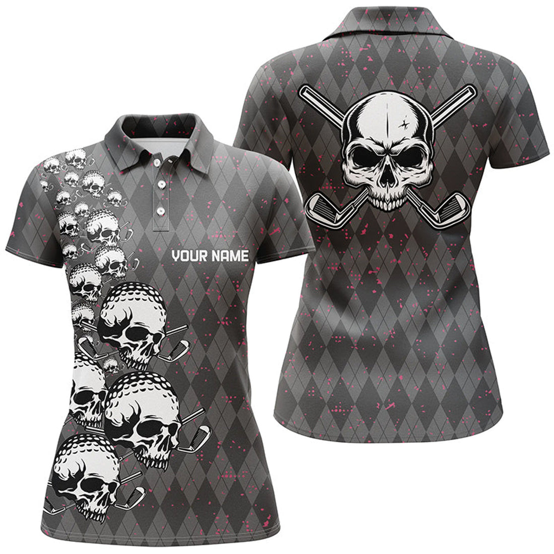Custom Elegant Argyle Pattern And Skull Womens Golf Polo Shirts, Black Skull Golf Shirts For Women