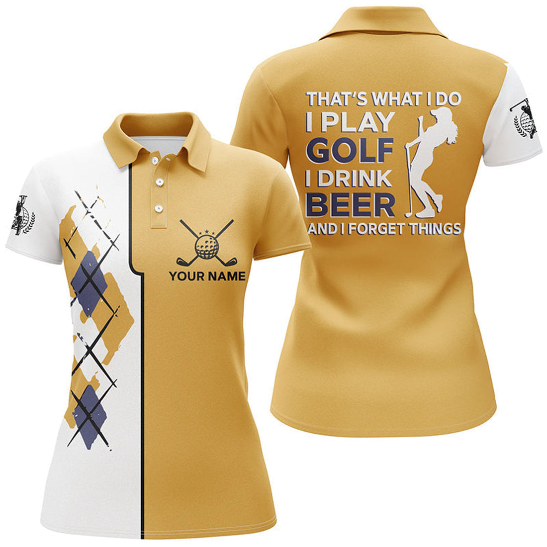 Custom Golf Beer Argyle Pattern Yellow Womens Polo Shirts Funny Golf Shirts For Women Golf Gifts