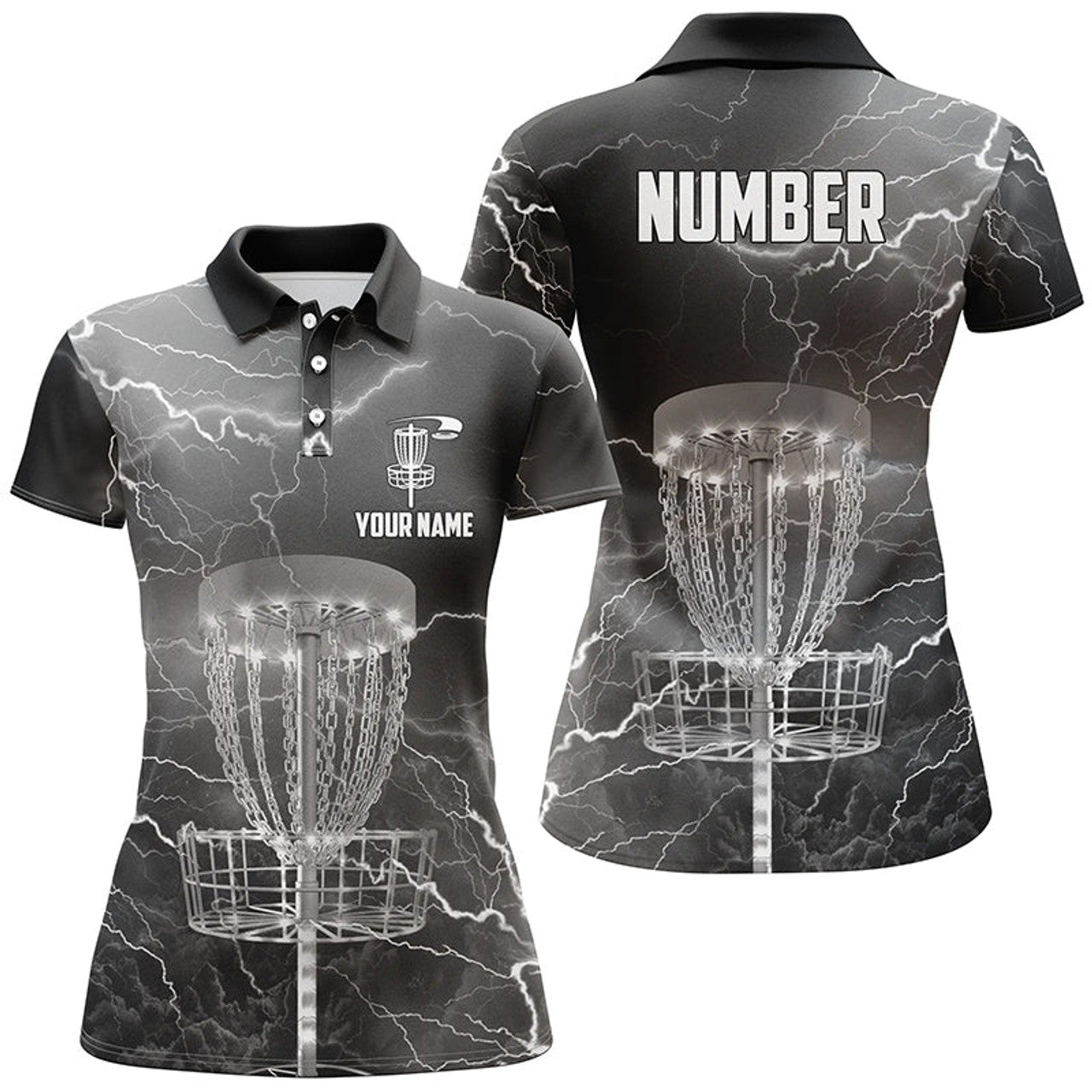 Custom Thunder Lightning Black Grey Disc Golf Polo Shirts Customized Disc Golf Shirts For Women