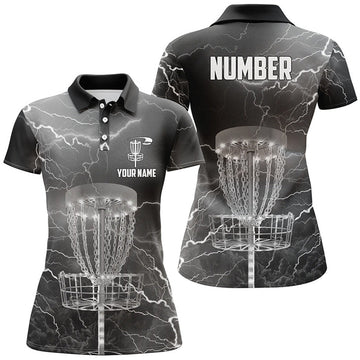 Custom Thunder Lightning Black Grey Disc Golf Polo Shirts Customized Disc Golf Shirts For Women