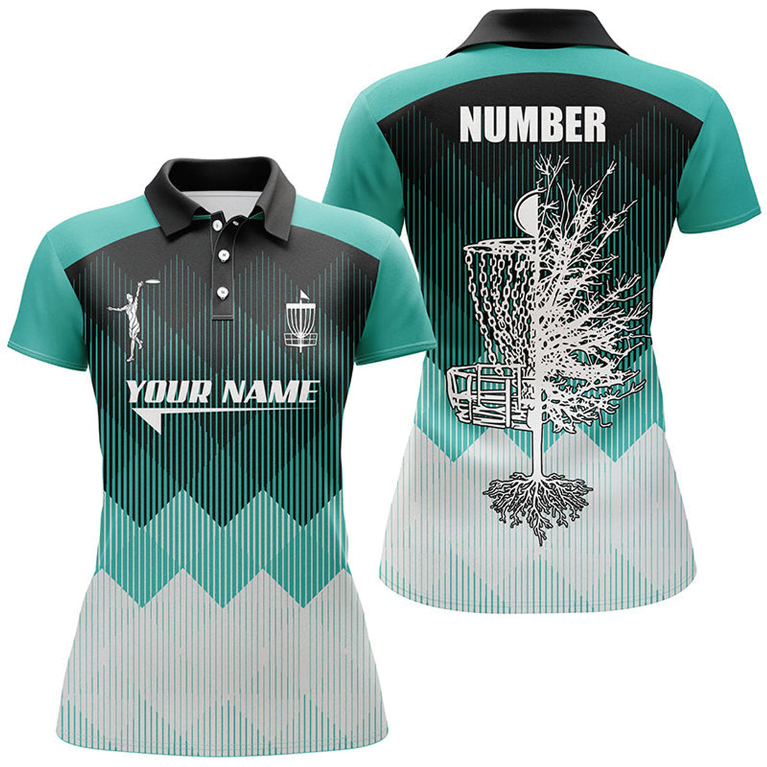 Custom Turquoise Geometric Pattern Womens Disc Golf Polo Shirt Personalized Disc Golf Tops For Women
