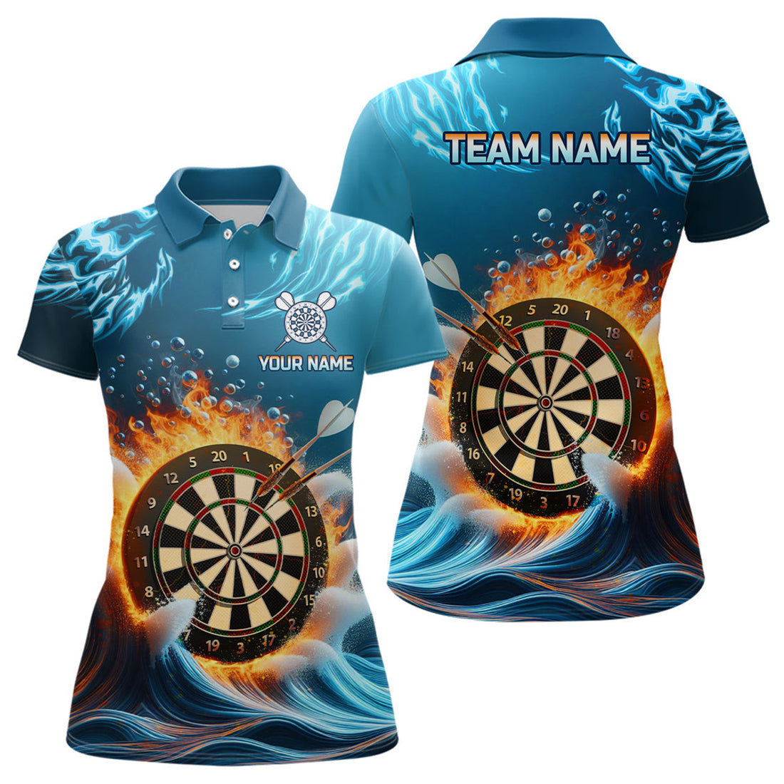 Custom Fire And Water Blue Womens Darts Polo Shirt Custom Darts Shirt For Women Dart Jerseys