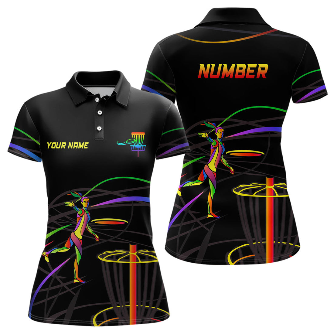 Custom Rainbow Women Disc Golf Polo Shirt Custom Number Disc Golf Basket Personalized Disc Golf Tops
