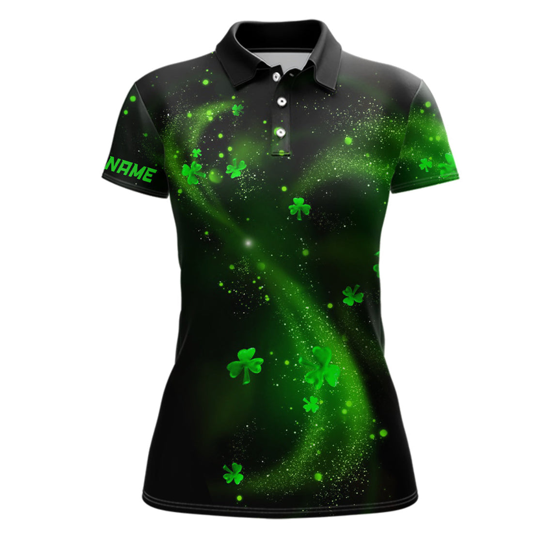 Custom St Patrick Day Clovers On Black Womens Golf Polo Shirt Shamrock Custom Golf Gifts For Women