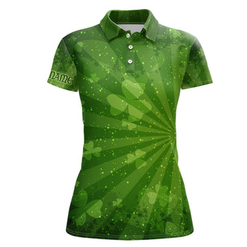 Custom Green Clovers Halo All Over Print Womens Golf Polo Shirt St Patrick Day Golf Shirts For Women