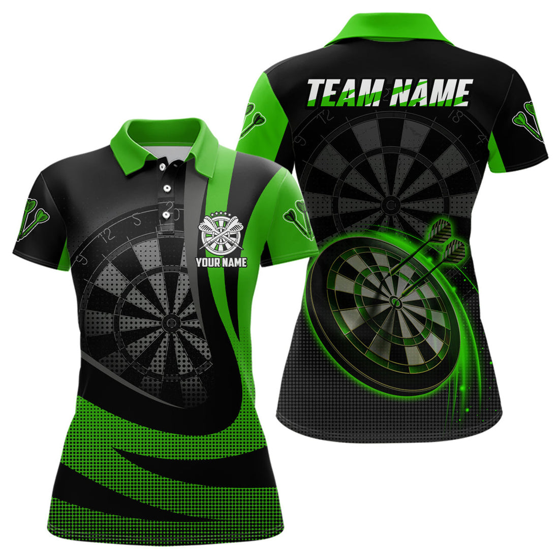 Custom Personalized Black Green 3D Women Darts Polo Shirt Custom Cool Darts Team Jersey For Women