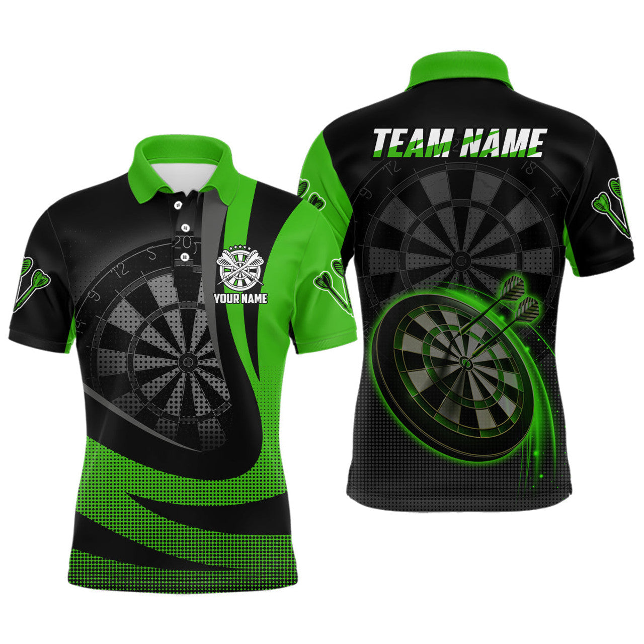 Personalized Black Green 3D Mens Darts Polo Shirt Custom Cool Darts Team Jersey For Men