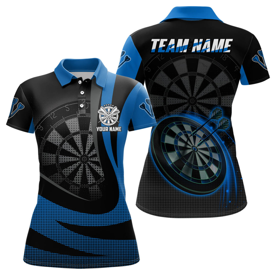 Custom Personalized Black Blue 3D Womens Darts Polo Shirt Custom Cool Darts Team Jersey For Women