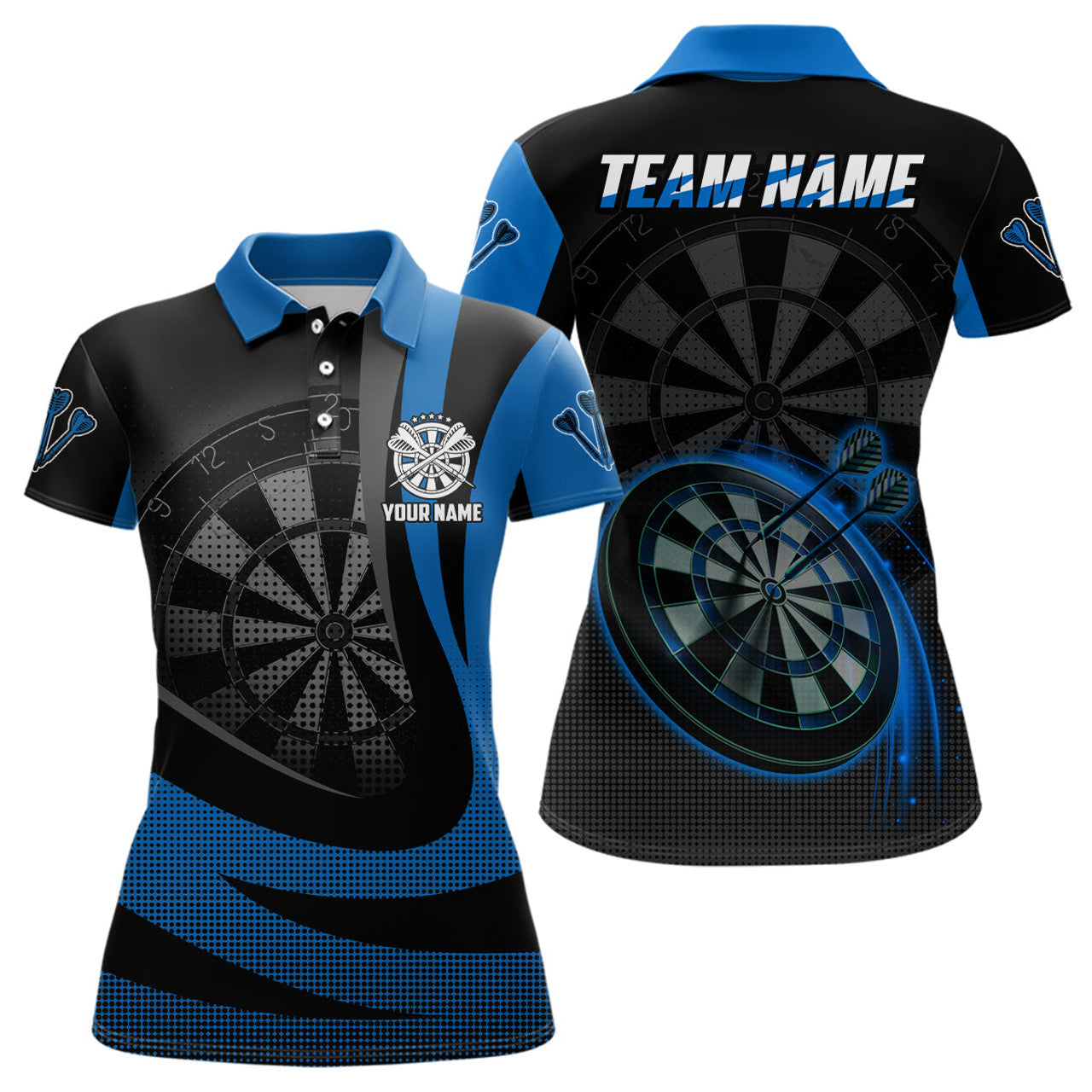 Custom Personalized Black Blue 3D Womens Darts Polo Shirt Custom Cool Darts Team Jersey For Women