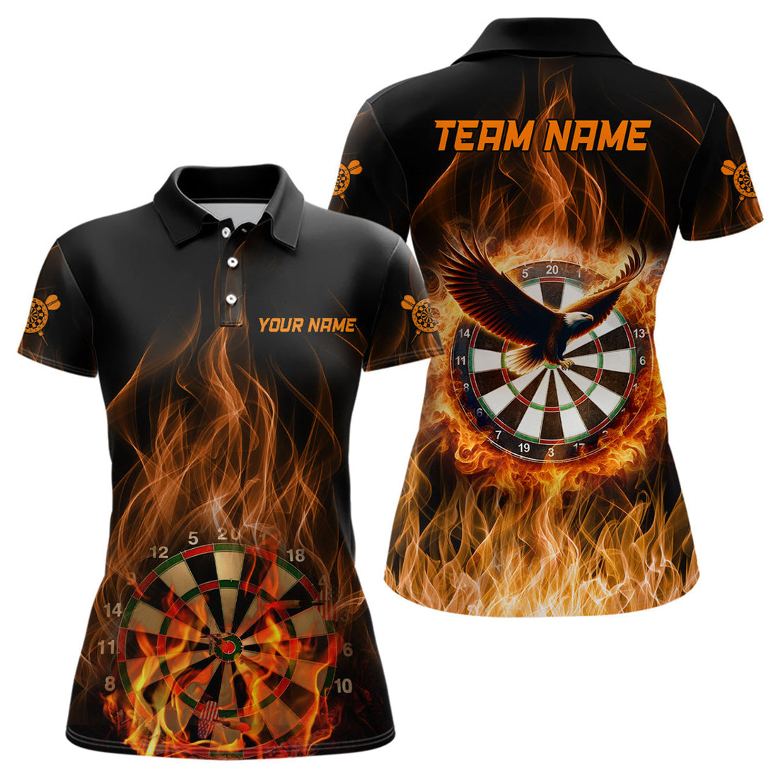 Custom Orange Fire Flame Eagle Womens Darts Polo Shirt Custom Dart Shirts For Women Dart Jerseys
