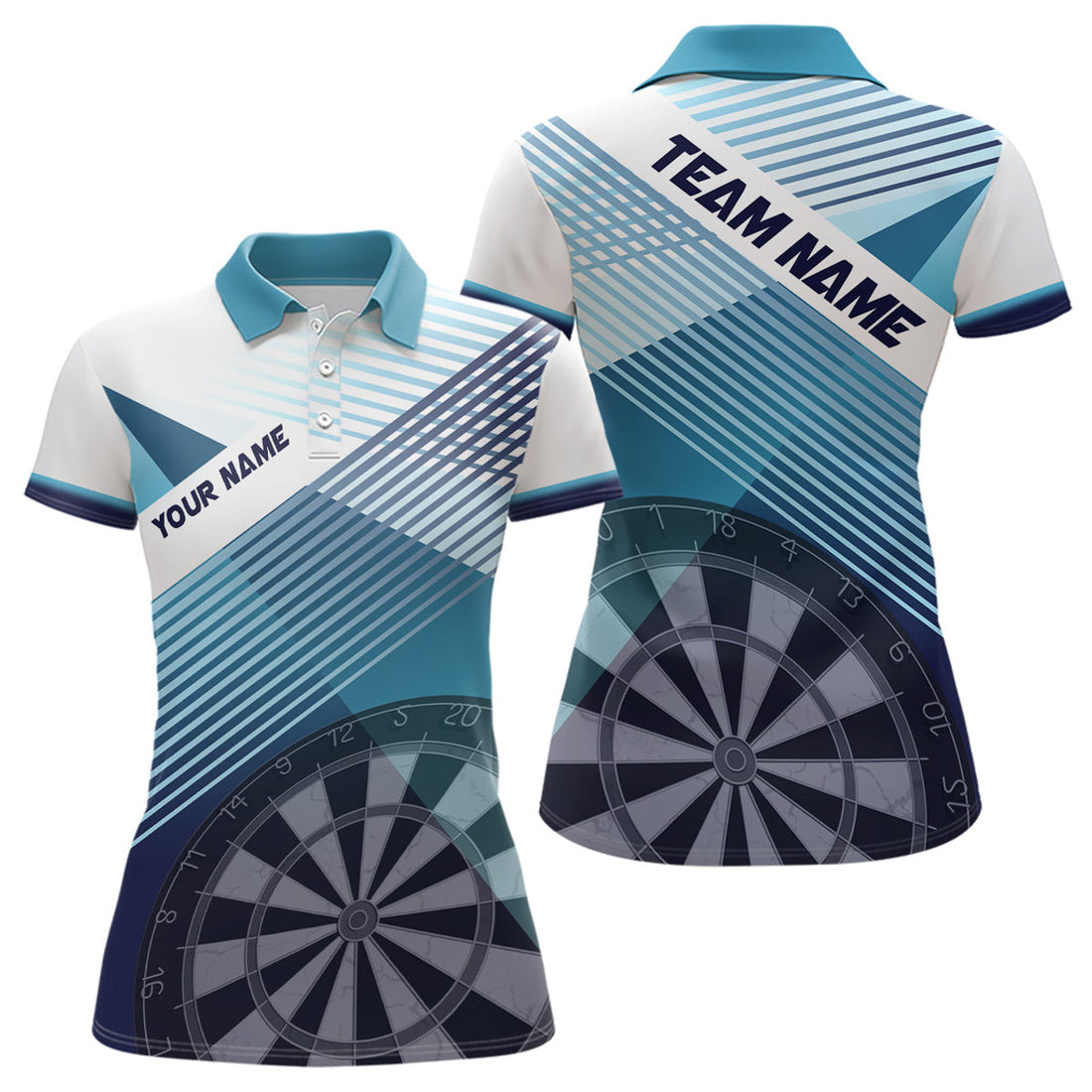 Custom Silhouette White Blue Womens Dart Polo Shirt Personalized Cool Dart Jerseys For Women