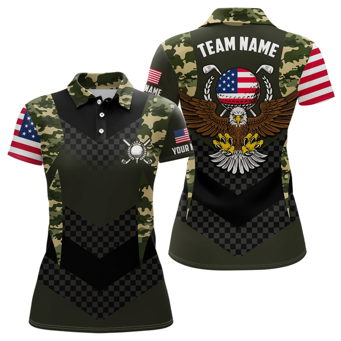 Custom Womens Custom American Flag Camo Eagle Golf Polo Shirts Patriotic Golf Shirts For Women