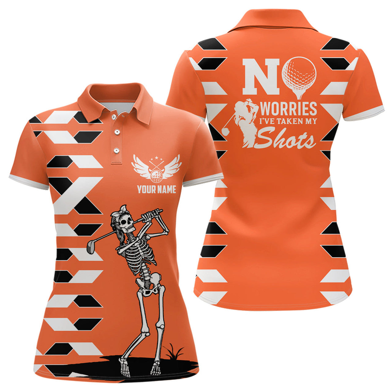 Custom Womens Skull Golf Polo Shirt Personalized Orange Golf Shirts For Ladies Halloween Golf Gifts