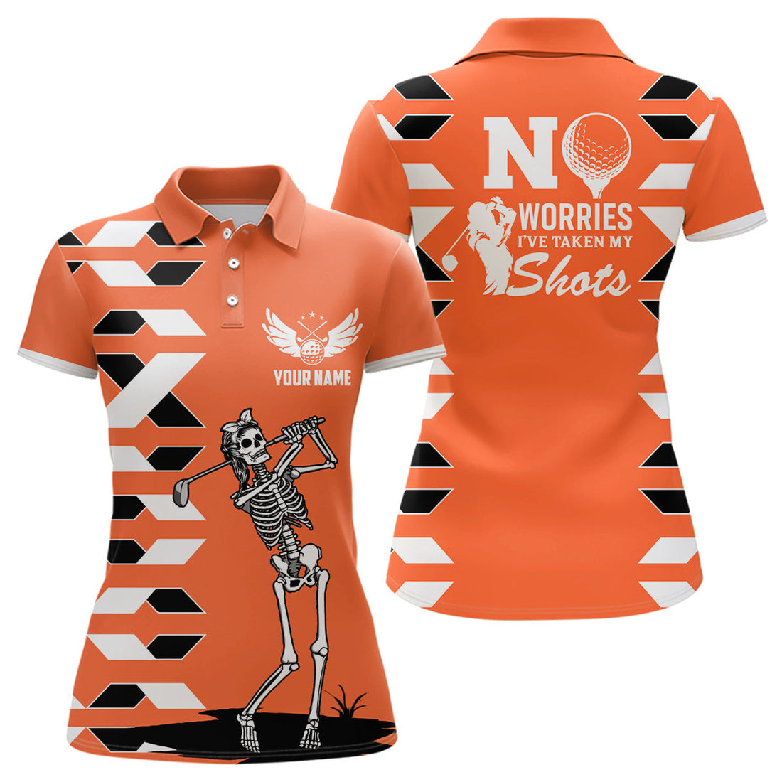 Custom Womens Skull Golf Polo Shirt Personalized Orange Golf Shirts For Ladies Halloween Golf Gifts