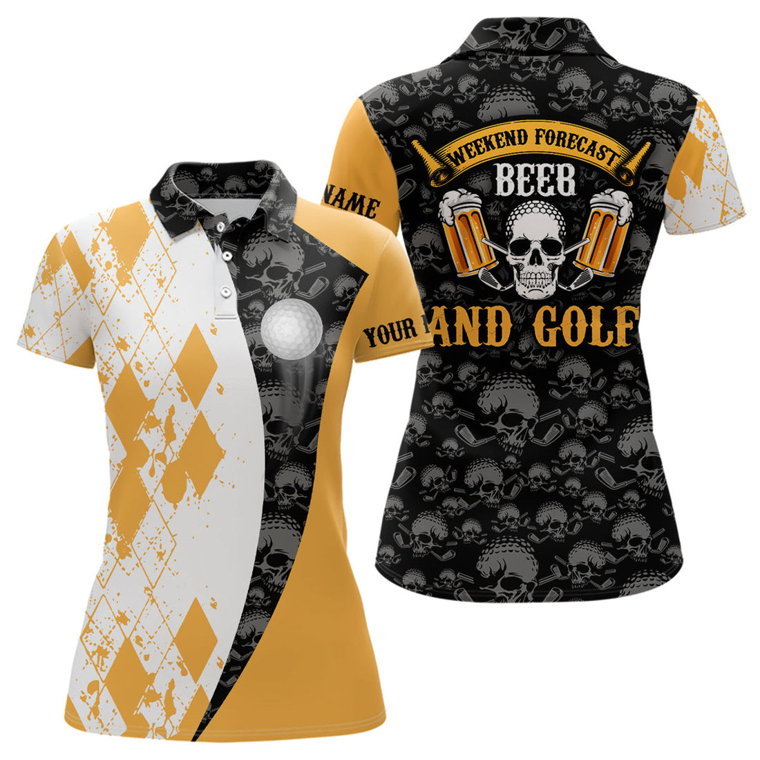 Custom Weekend Forecast Beer & Golf Argyle Pattern Skull Golf Polo Shirt Beer Golf Shirts For Women