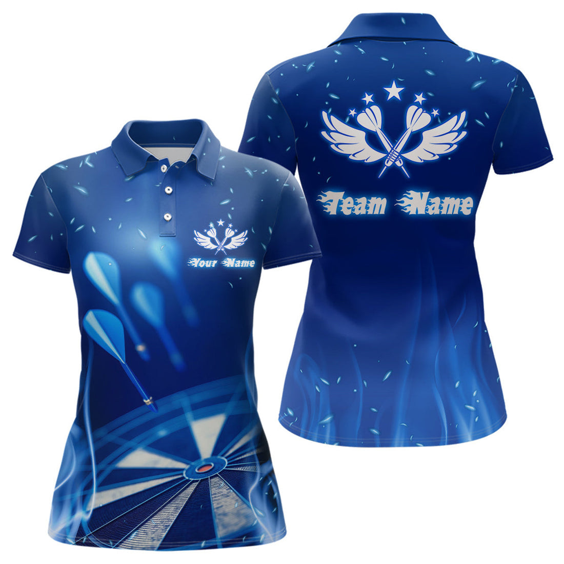 Custom Blue Fire Flame Star Personalized Darts Polo Shirt Custom Cool Dart Jerseys For Women