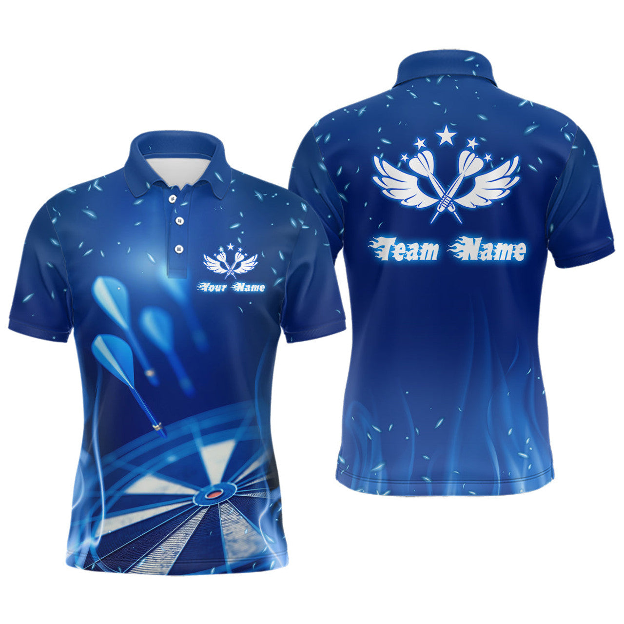 Custom Blue Fire Flame Star Personalized Mens Darts Polo Shirt Custom Cool Dart Jerseys For Men