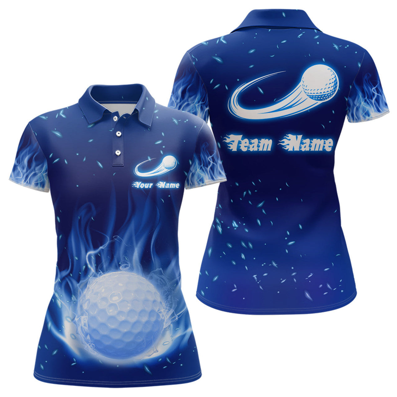Custom Blue Fire Flame Golf Ball Womens Polo Shirt Custom Golf Tops For Women Personalized Golf Gift