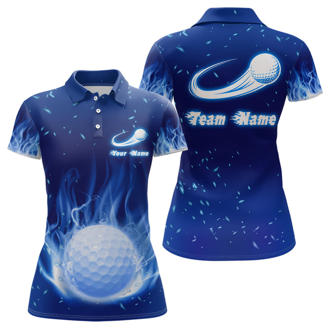 Custom Blue Fire Flame Golf Ball Womens Polo Shirt Custom Golf Tops For Women Personalized Golf Gift