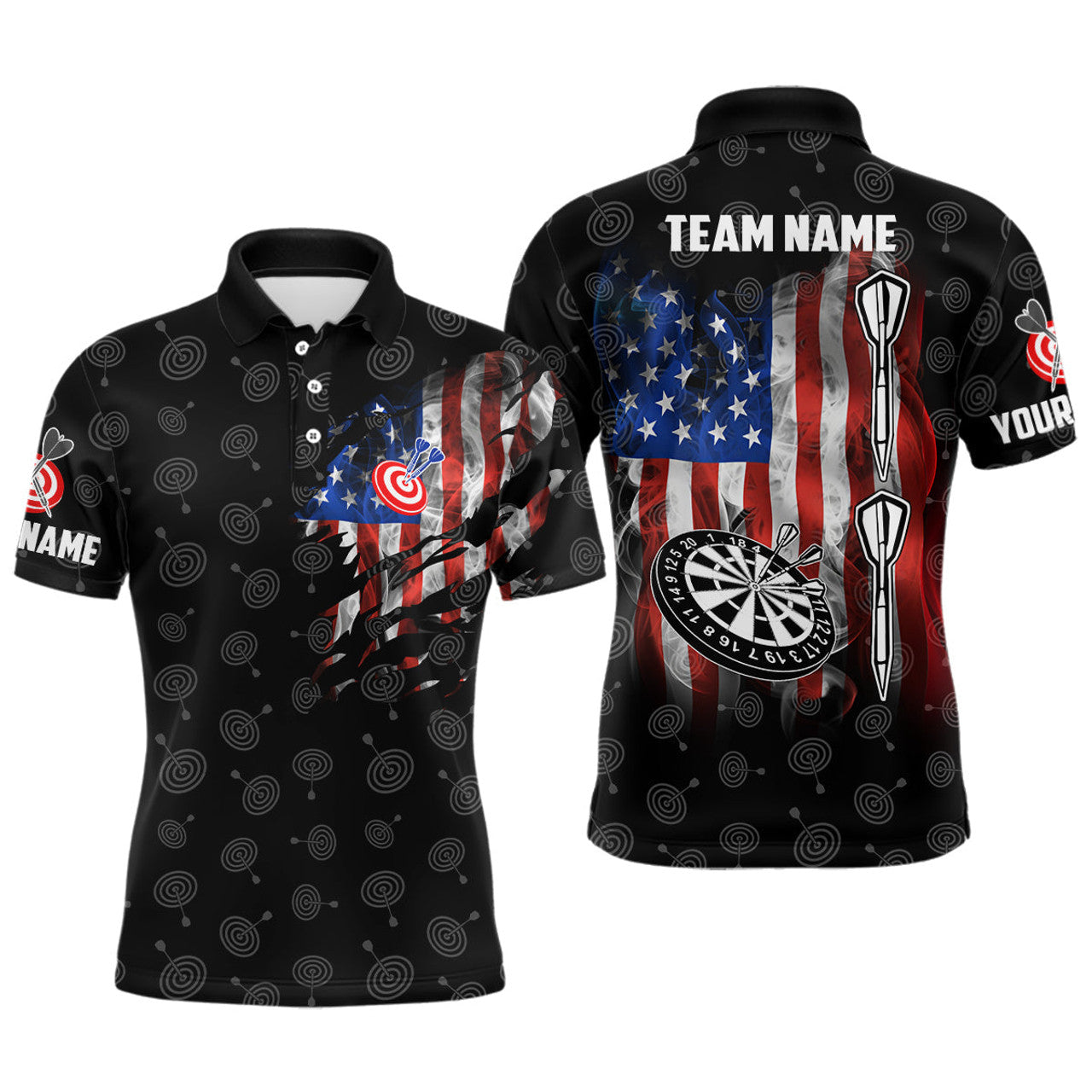 Custom Smoke American Flag Mens Darts Polo Shirt Custom Patriotic Darts Shirt For Men Dart Jersey
