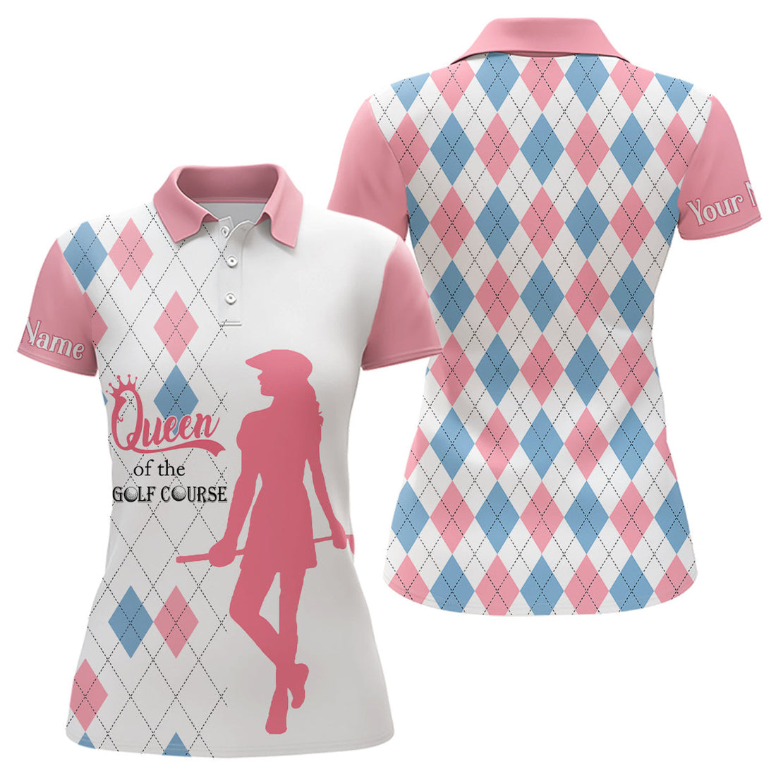 Custom Queen Of The Course Pink & Blue Argyle Golf Polo Shirt Custom Best Golf Gifts For Women