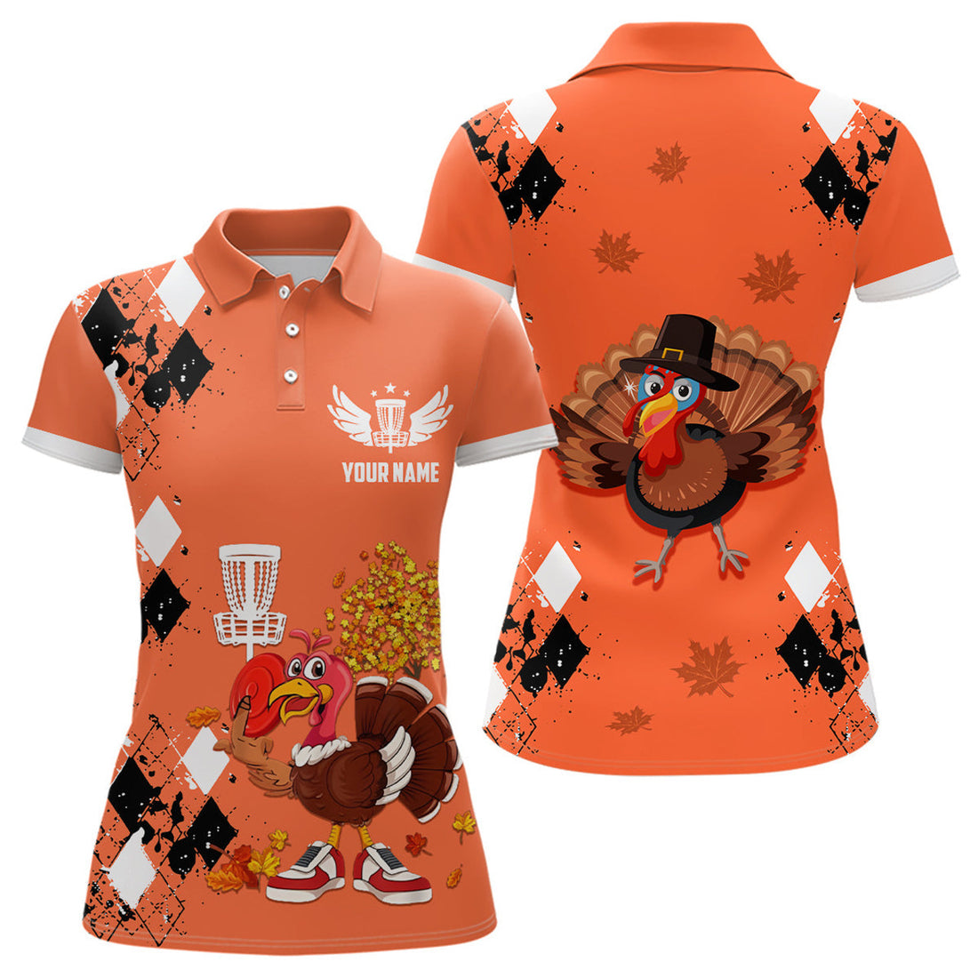 Custom Turkey Bird Thanksgiving Disc Golf Polo Shirt Argyle Orange Custom Disc Golf Shirts For Women