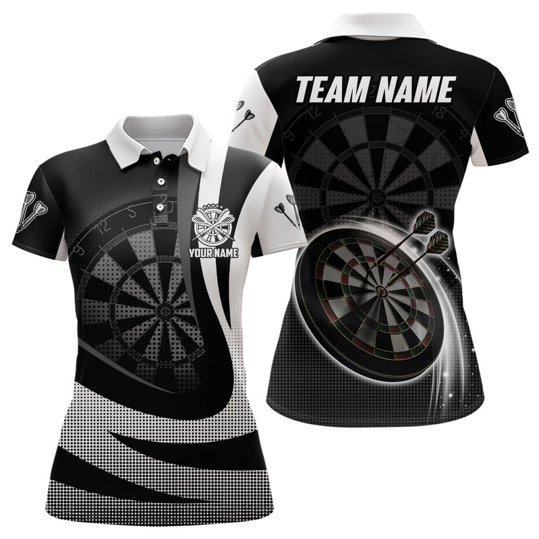 Custom Personalized Black White 3D Women Darts Polo Shirt Custom Cool Darts Team Jersey For Women