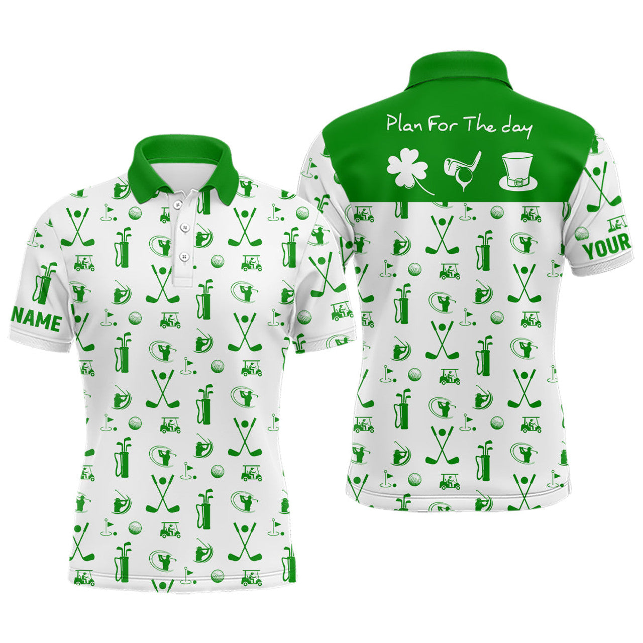 Custom Green White Plan For The Day Golf Icon St Patrick Day Mens Golf Polo Shirt Custom Golf Shirts For Men