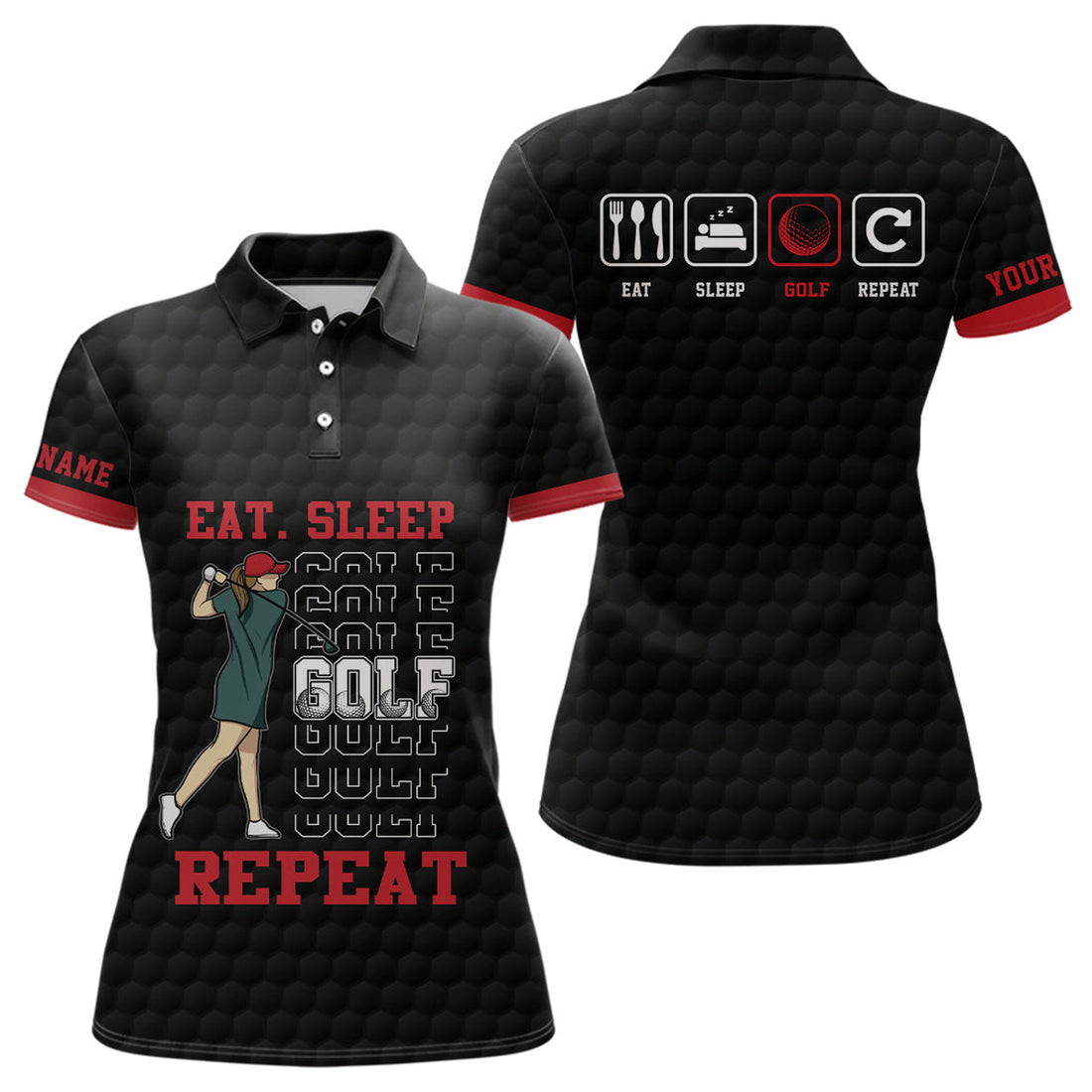 Custom Eat Sleep Golf Repeat Polo Shirt Black Red Sporty Golf Polo Shirt Best Golf Shirts For Women