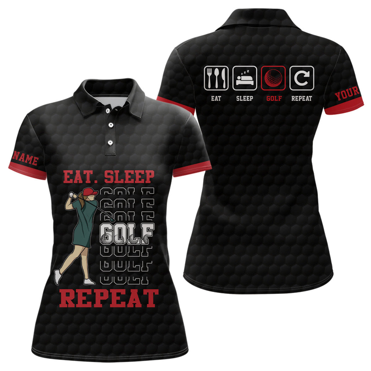 Custom Eat Sleep Golf Repeat Polo Shirt Black Red Sporty Golf Polo Shirt Best Golf Shirts For Women