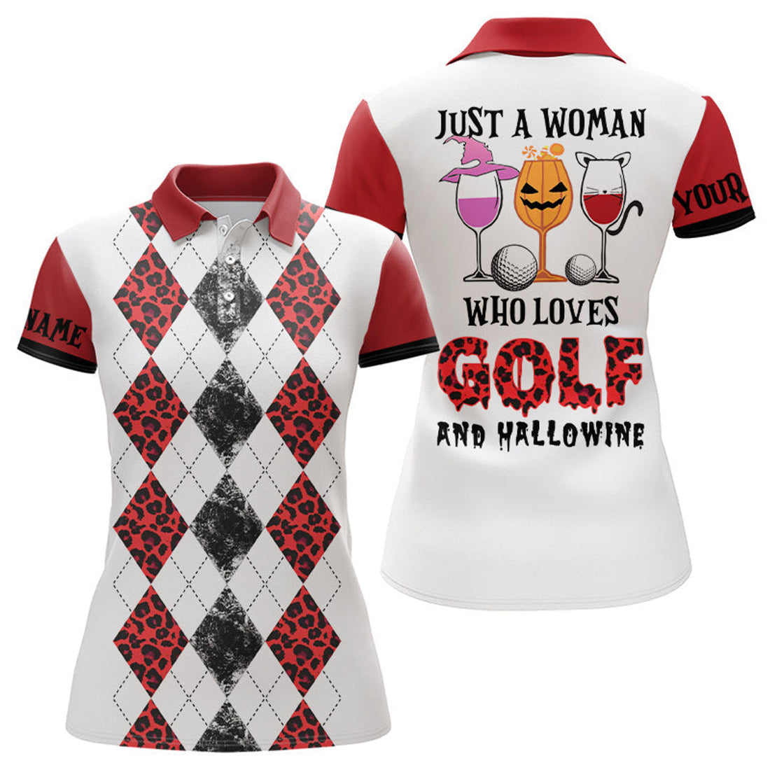 Custom Leopard Argyle Womens Golf Polo Shirt, Halloween Golf Shirts For Ladies, Golf And Hallowine